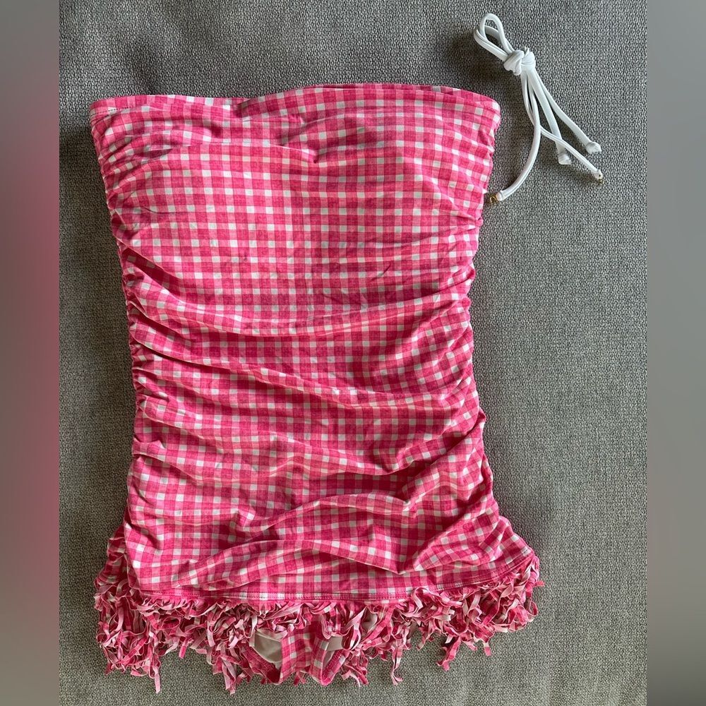 Coco Rave Multi Way Halter or Strapless Fringe One Piece Pink Gingham Swim Dress